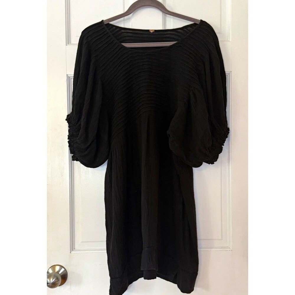 Free People Black Tunic Mini Dress M Cotton Linen Pintuck Dolman Boho Oversized